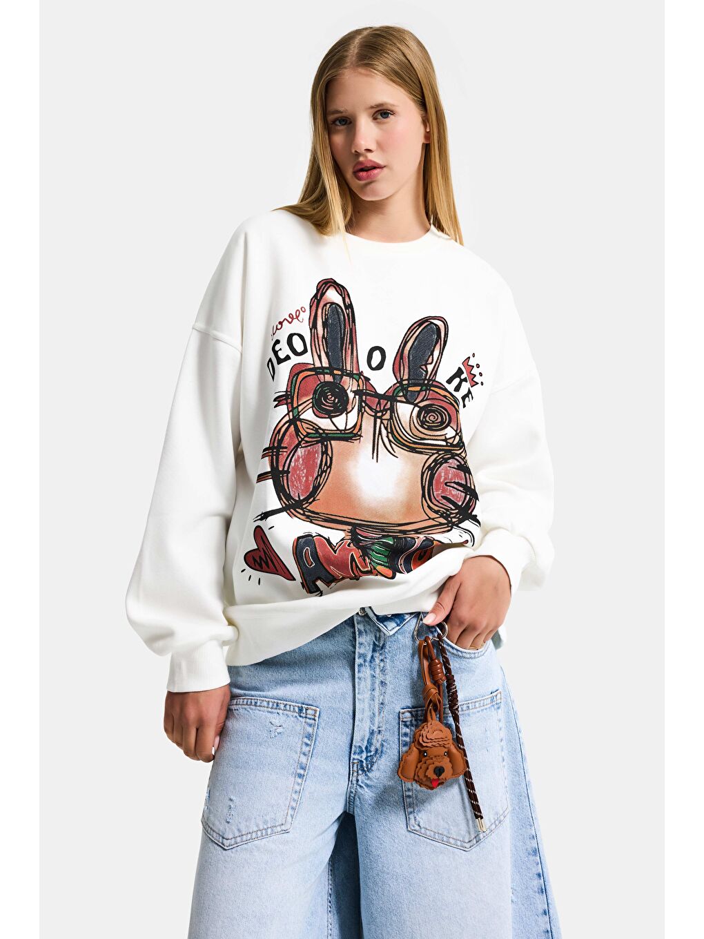 Kadın Beyaz w5 Oversize Baskılı %100 Pamuk Organik Kumaş Sweatshirt-3