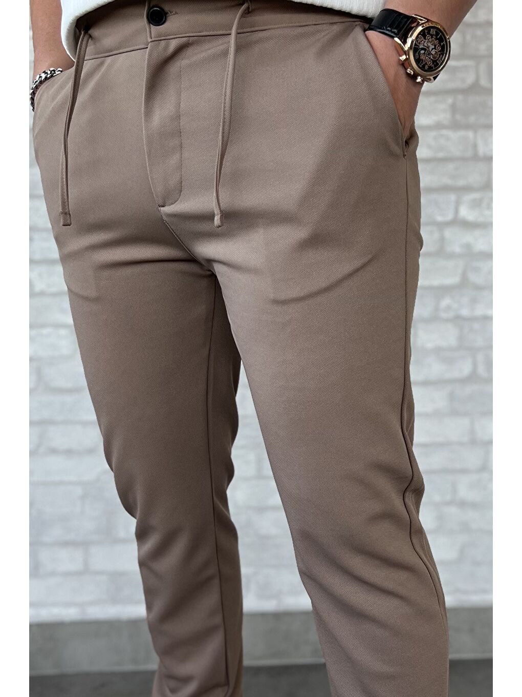 Bej Erkek Bel Bağlamalı Pantolon-3