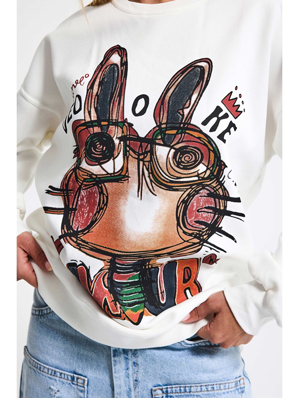 Kadın Beyaz w5 Oversize Baskılı %100 Pamuk Organik Kumaş Sweatshirt-4