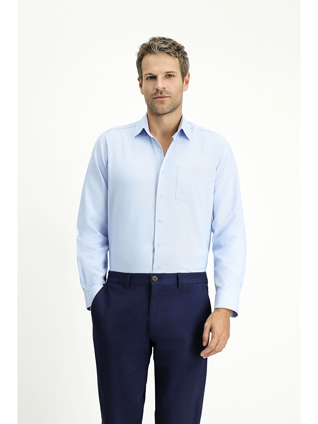 Mavi Uzun Kol Regular Fit Klasik Yaka Oxford Pamuklu Kolay Ütülenebilir Büyük Beden Gömlek