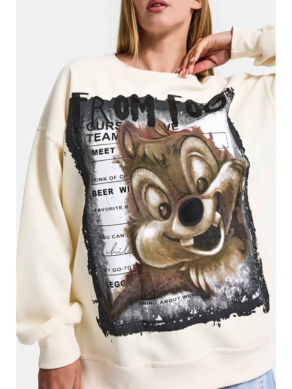 Kadın Ekru w5 Oversize Baskılı %100 Pamuk Organik Kumaş Sweatshirt