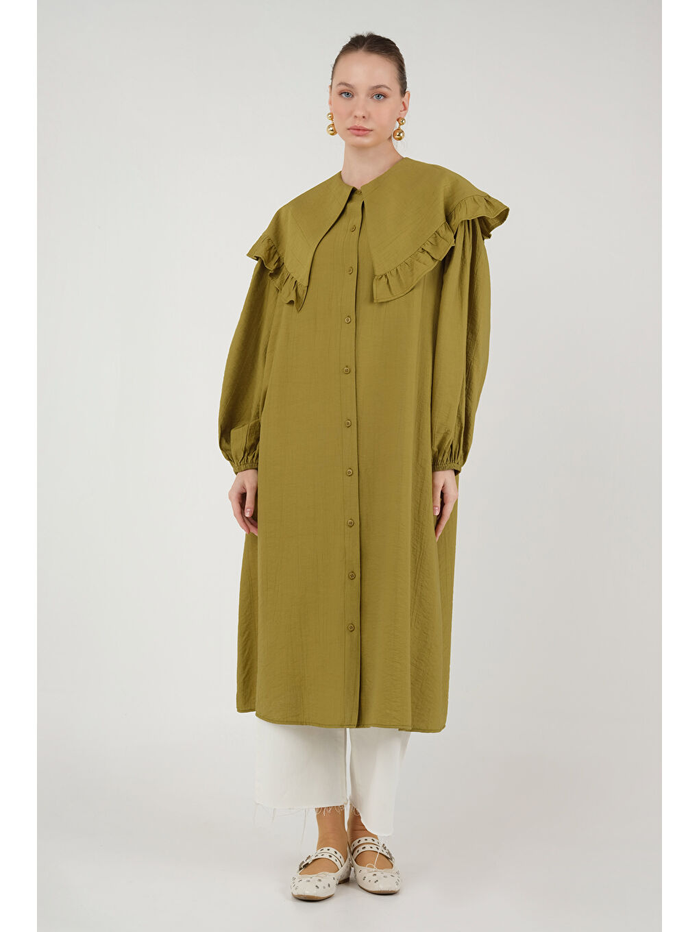 Yeşil Yakası Fırfırlı Gömlek Olive-1