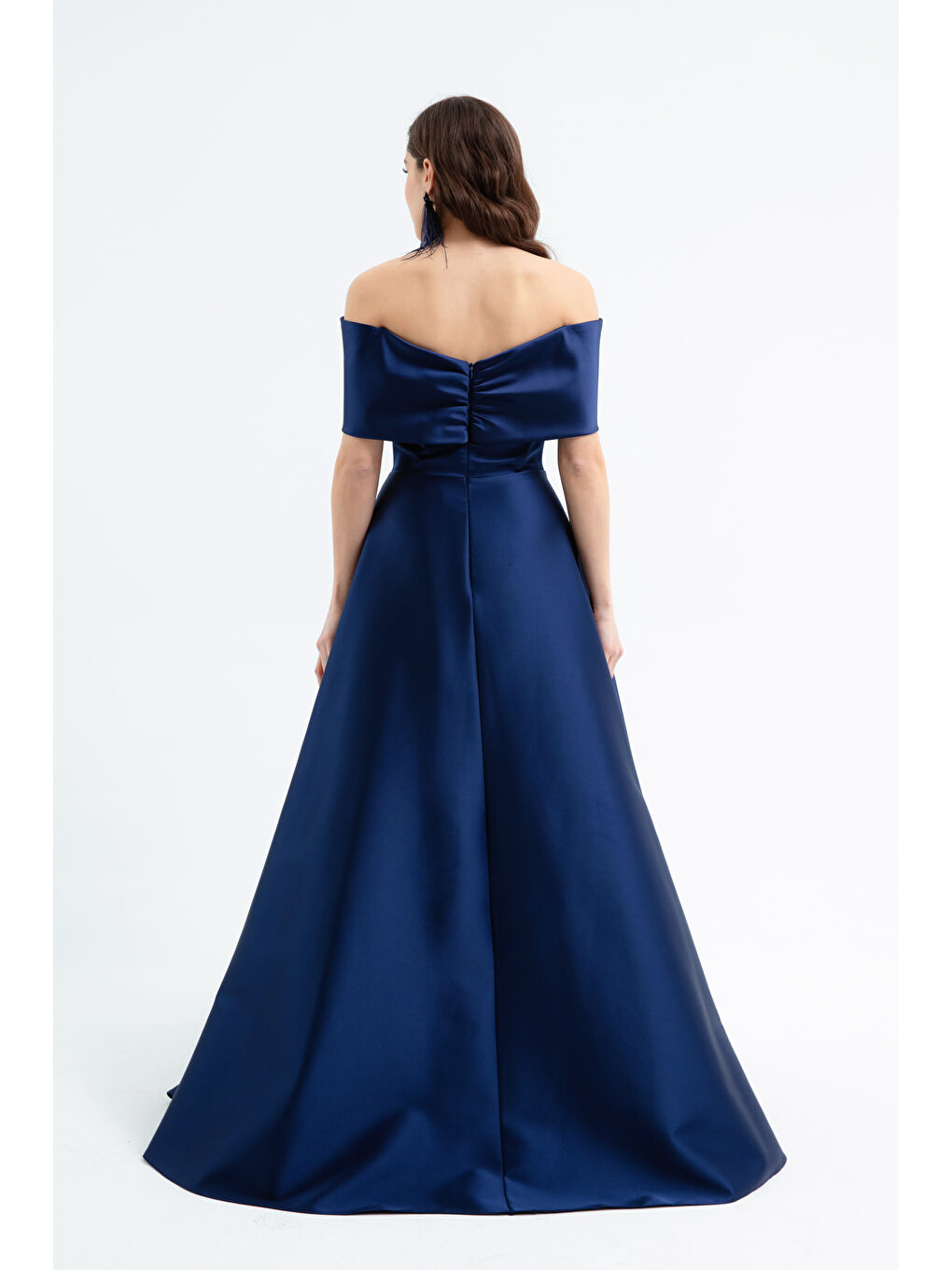 Kadın Lacivert Straplez Taşlı Uzun Saten Abiye Elbise-4