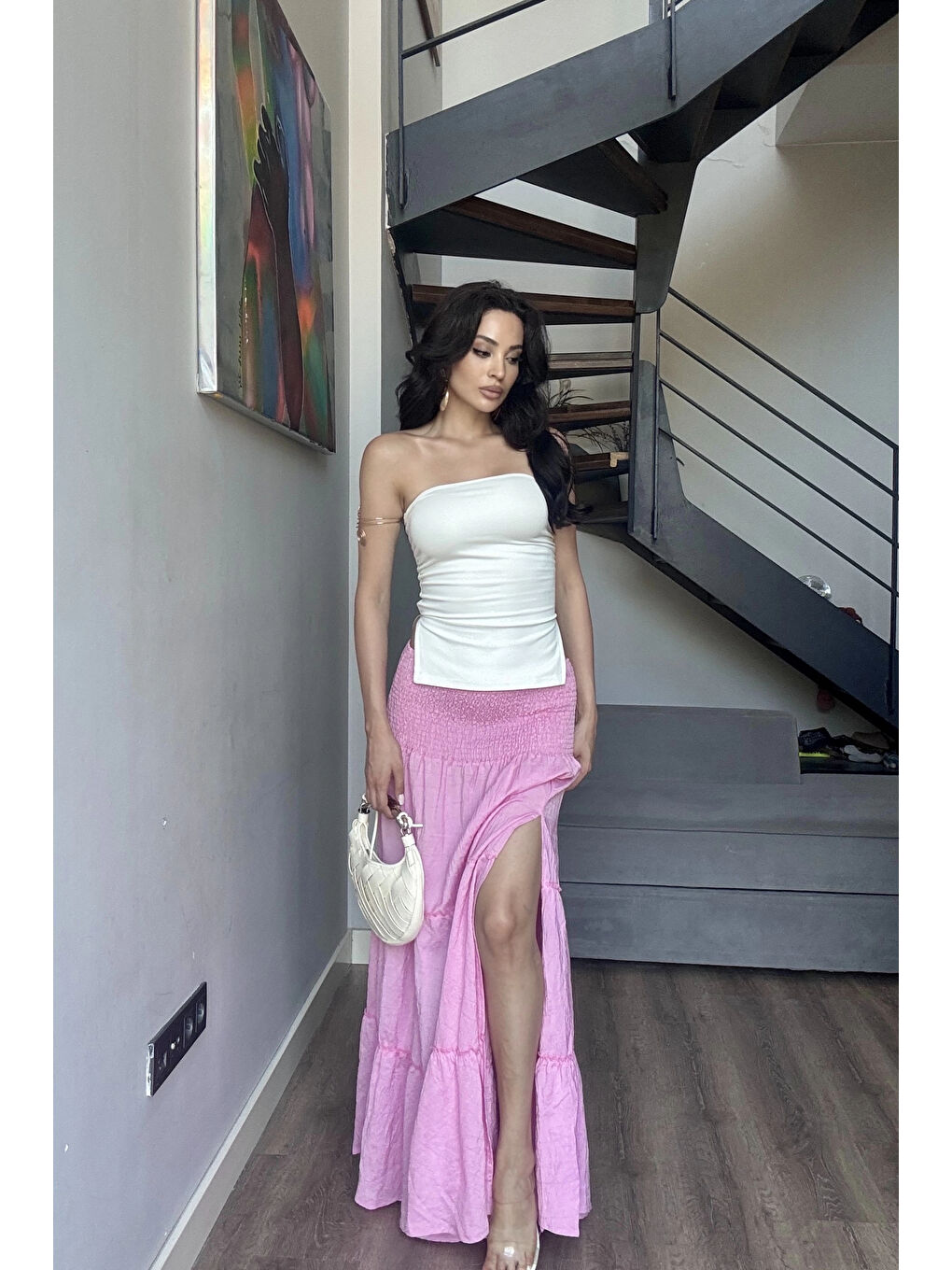 Kadın Pembe Gipeli Yırtmaçlı Etek 1006-2587-6