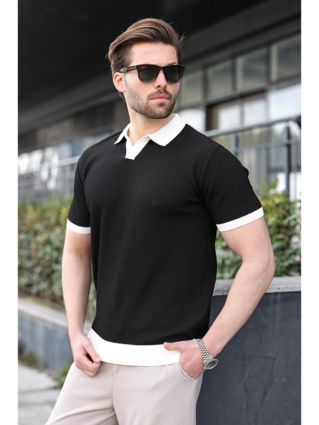 Siyah Polo Yaka Triko Erkek Tişört E7464