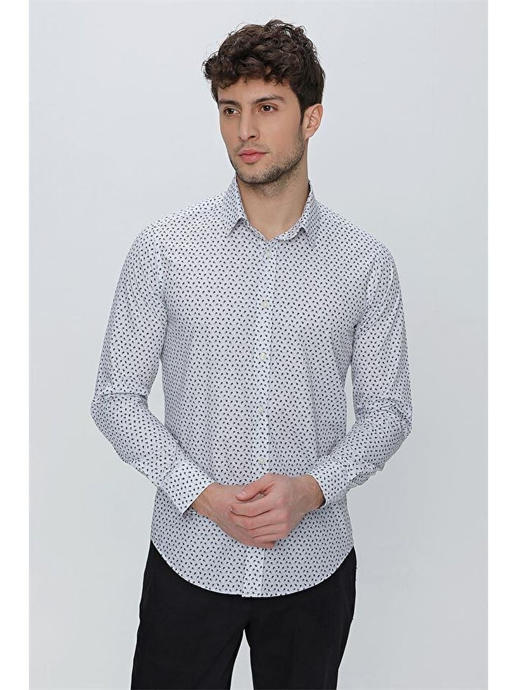 İMZA Gri Uzun Kol Baskılı Sert Yaka  Slim Fit Dar Kesim Klasik Gömlek 1004225130