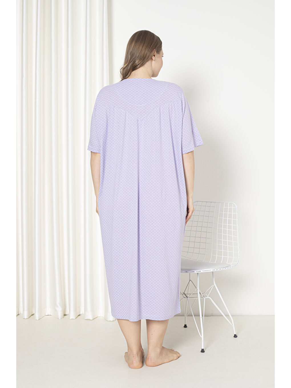 Lila %100 Pamuklu Penye Kısa Kol Büyük Beden Anne Geceliği 051-4