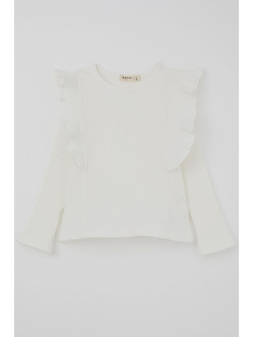 Kız Çocuk Uzun Kollu Tişört Omuzu Fırfır Detaylı Ekru (3-7 Yaş)