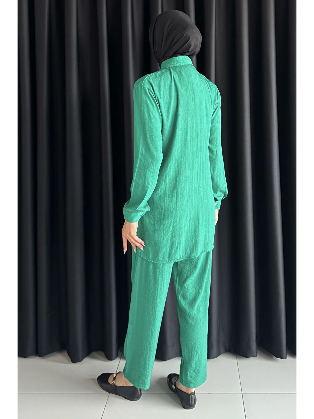 Yeşil Dantelli Taşlı Tesettür Tunik Pantolon İkili Takım-6