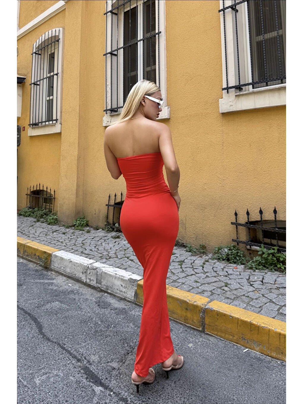 Kadın Turuncu Straplez Elbise 1026-221730-1