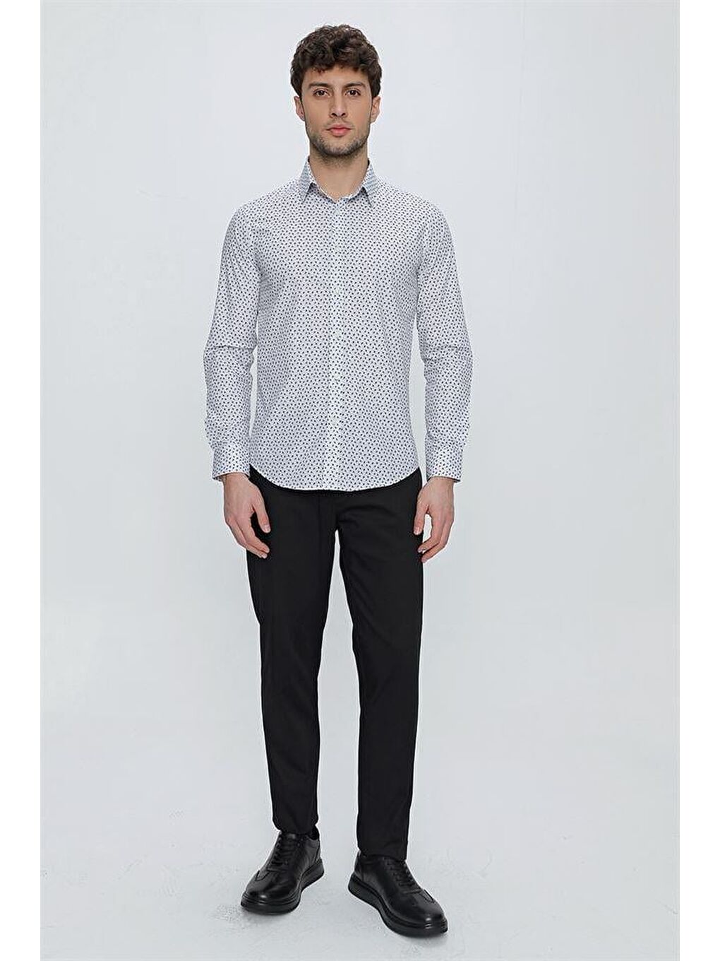 İMZA Gri Uzun Kol Baskılı Sert Yaka  Slim Fit Dar Kesim Klasik Gömlek 1004225130 - 1