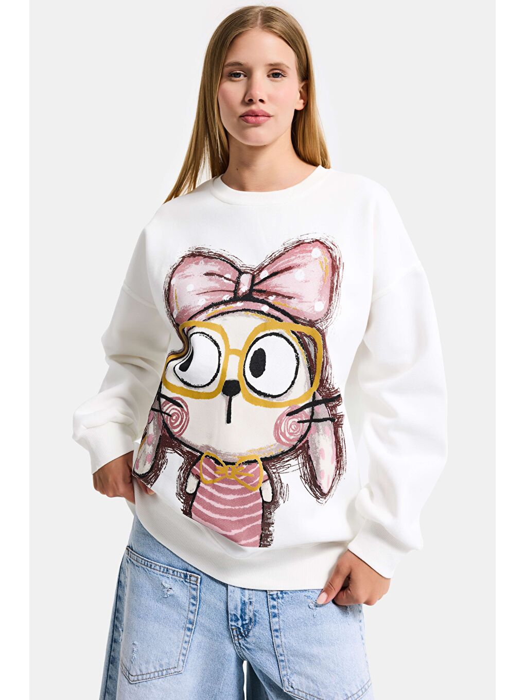 Kadın Beyaz w5 Oversize Baskılı %100 Pamuk Organik Kumaş Sweatshirt-1