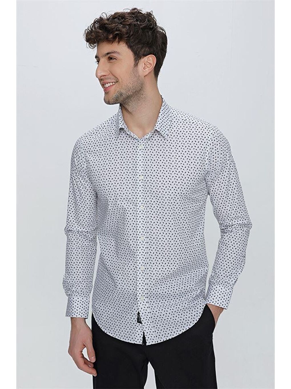 İMZA Gri Uzun Kol Baskılı Sert Yaka  Slim Fit Dar Kesim Klasik Gömlek 1004225130 - 2
