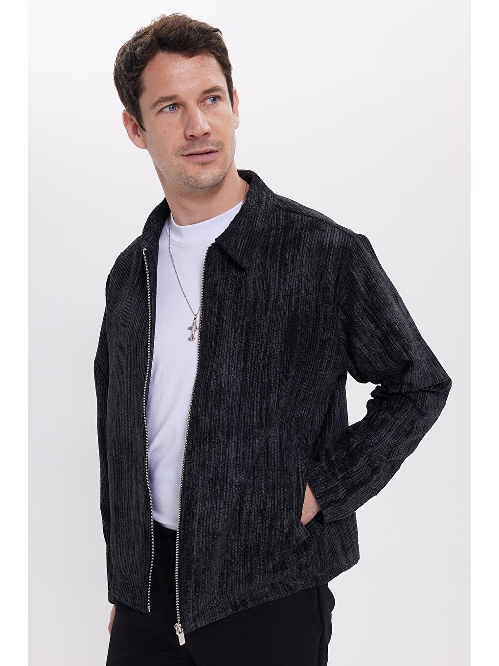 Erkek Relax Fit Rahat Kesim Fitilli Fermuarlı Astarlı Cepli Kolej Siyah Ceket Mont Gömlek-1