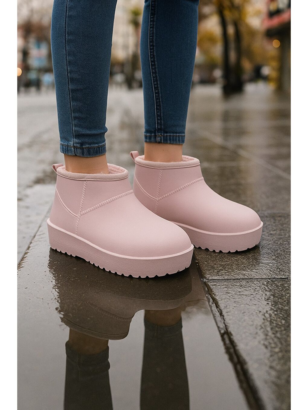 Pembe SOFTWARM Kadın Yünlü Yağmur Çizmesi Su Geçirmez Kar Botu Kısa Bot İçi Kürklü