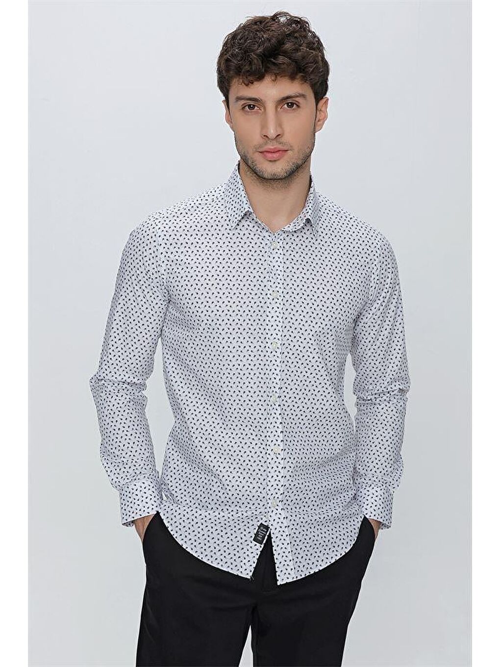 İMZA Gri Uzun Kol Baskılı Sert Yaka  Slim Fit Dar Kesim Klasik Gömlek 1004225130 - 3