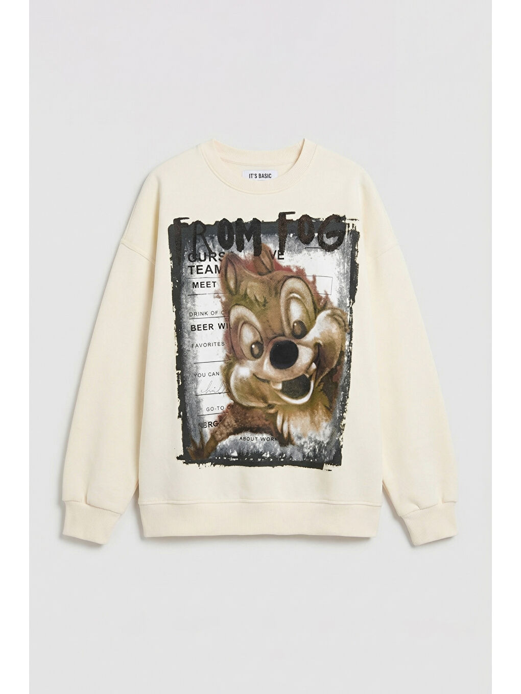 Kadın Ekru w5 Oversize Baskılı %100 Pamuk Organik Kumaş Sweatshirt-1