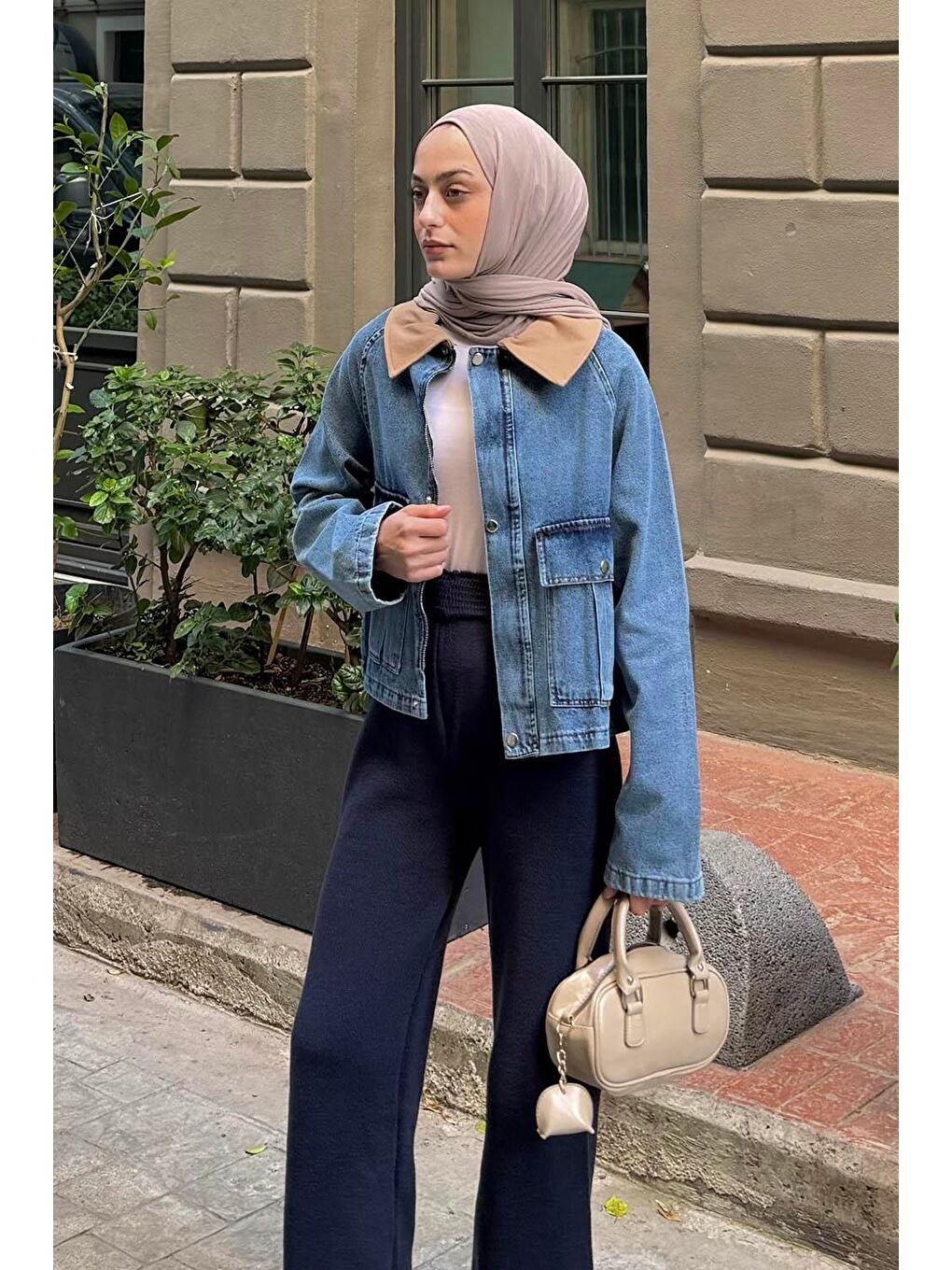 Bej Çıtçıtlı Denim Ceket Vizonrengi-1