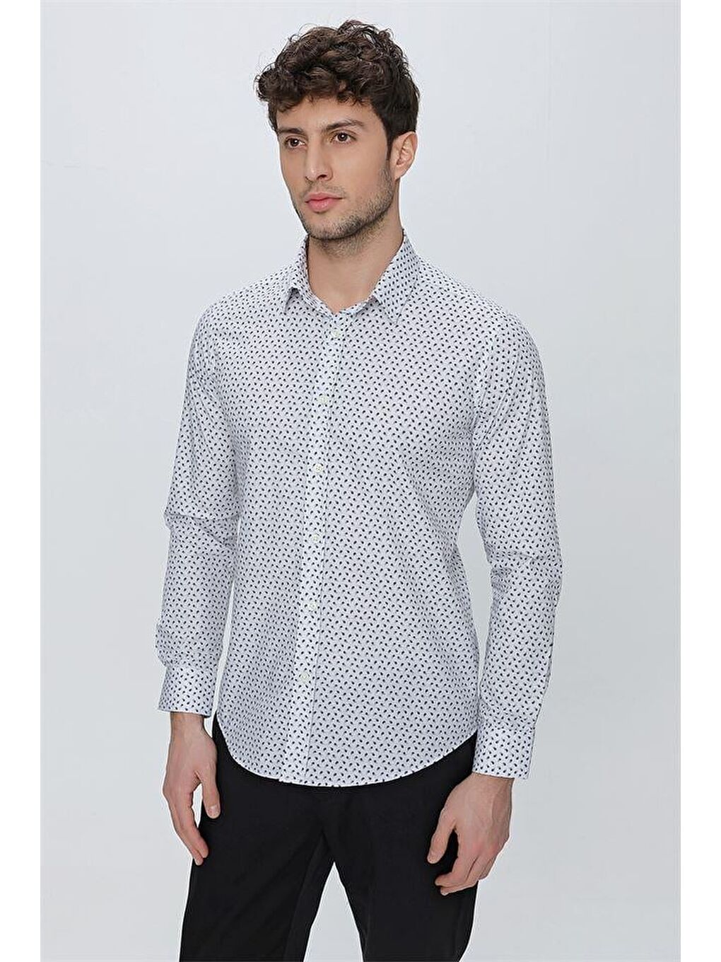 İMZA Gri Uzun Kol Baskılı Sert Yaka  Slim Fit Dar Kesim Klasik Gömlek 1004225130 - 4