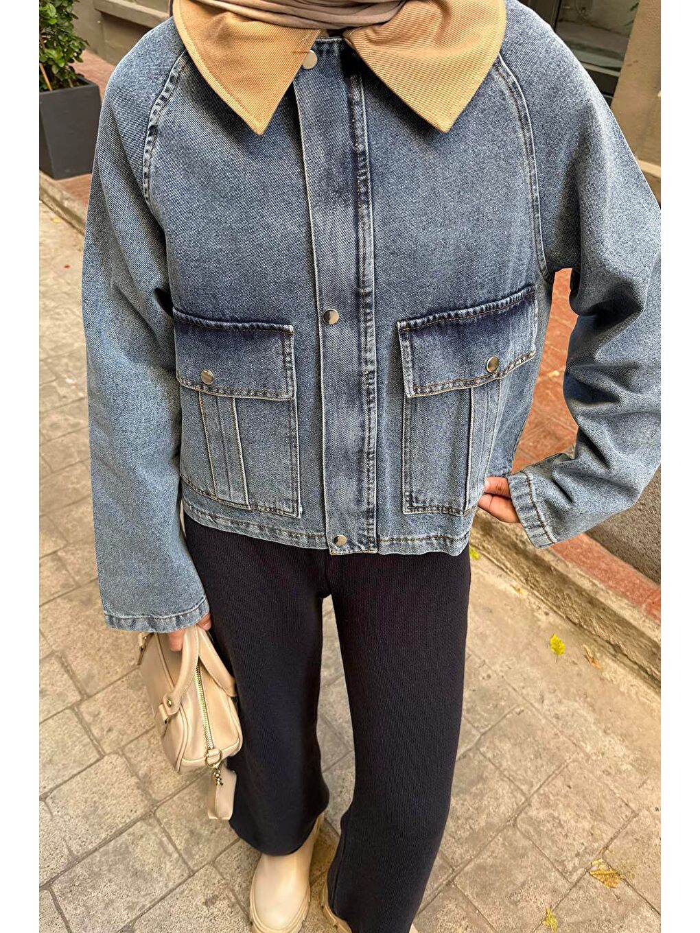 Bej Çıtçıtlı Denim Ceket Vizonrengi-2