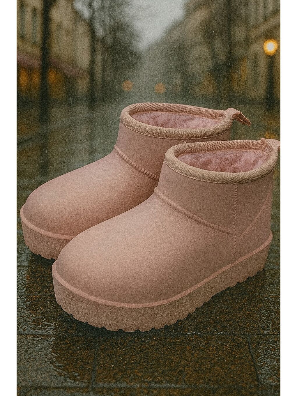 Pembe SOFTWARM Kadın Yünlü Yağmur Çizmesi Su Geçirmez Kar Botu Kısa Bot İçi Kürklü-1