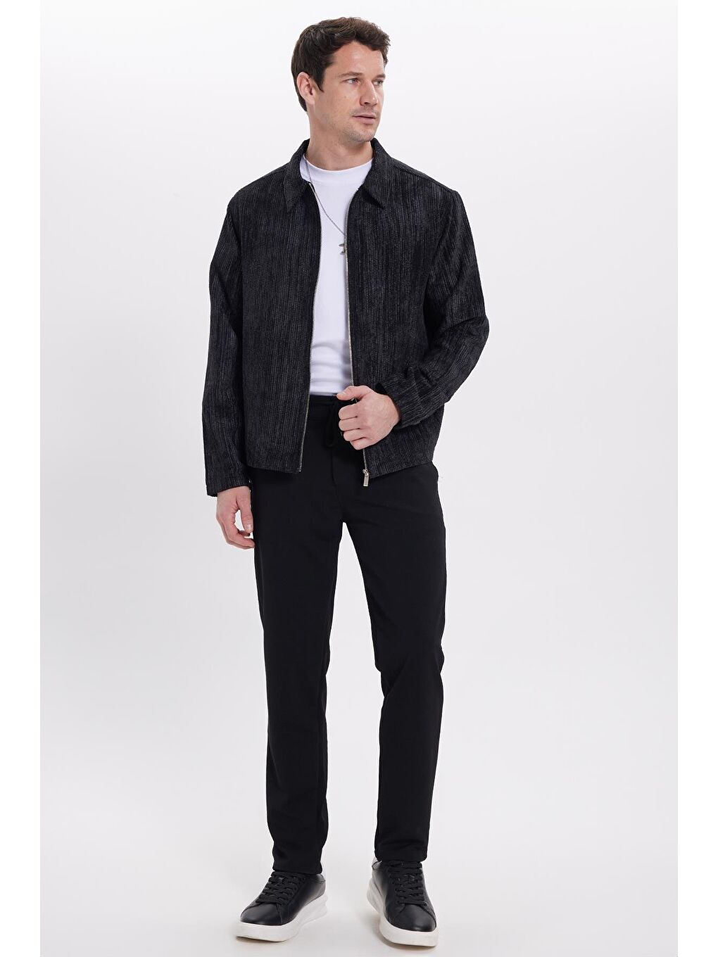 Erkek Relax Fit Rahat Kesim Fitilli Fermuarlı Astarlı Cepli Kolej Siyah Ceket Mont Gömlek-2