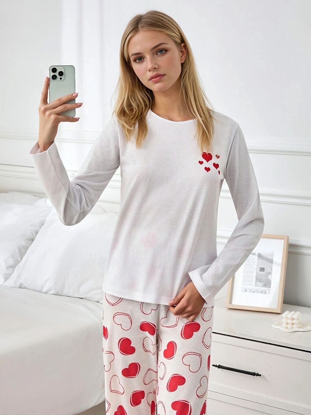Kalp Baskılı Uzun Kollu Beyaz Pijama Takımı