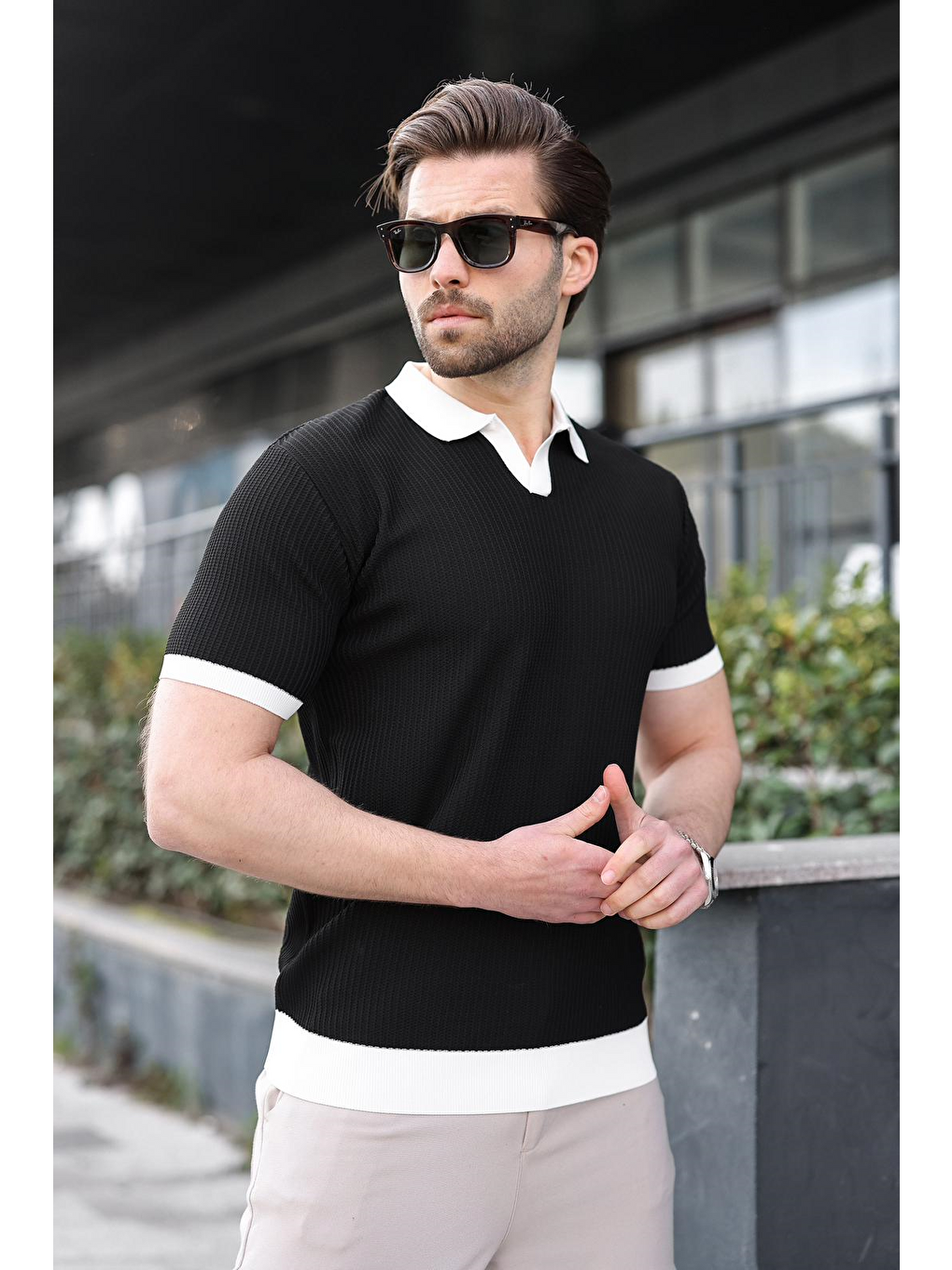 Siyah Polo Yaka Triko Erkek Tişört E7464-3