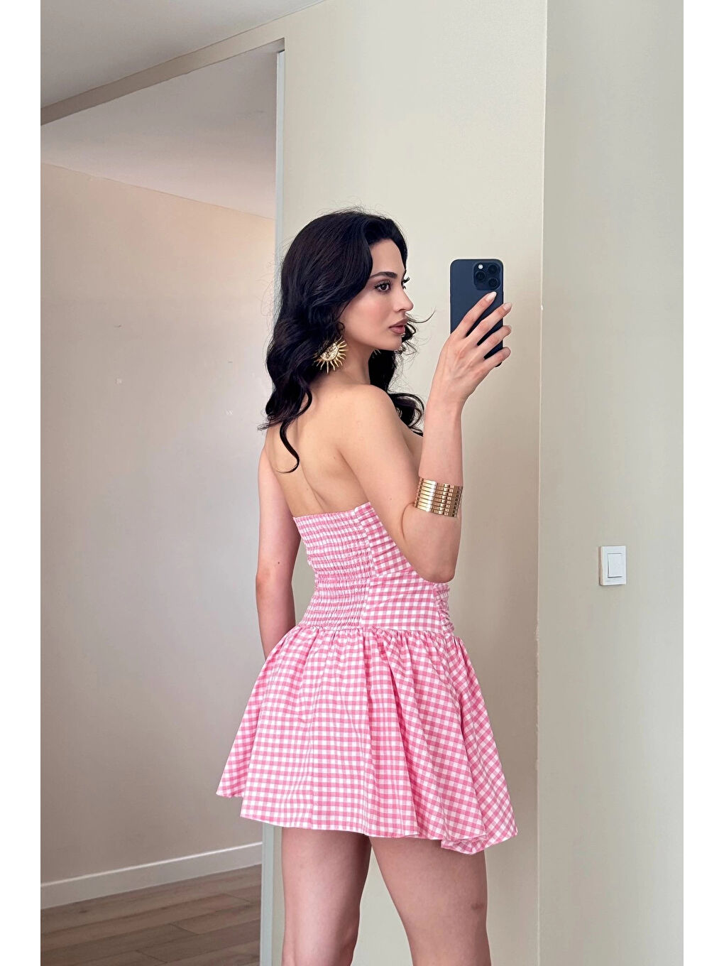 Kadın Pembe Pötikare Straplez Elbise 1041-6425-1