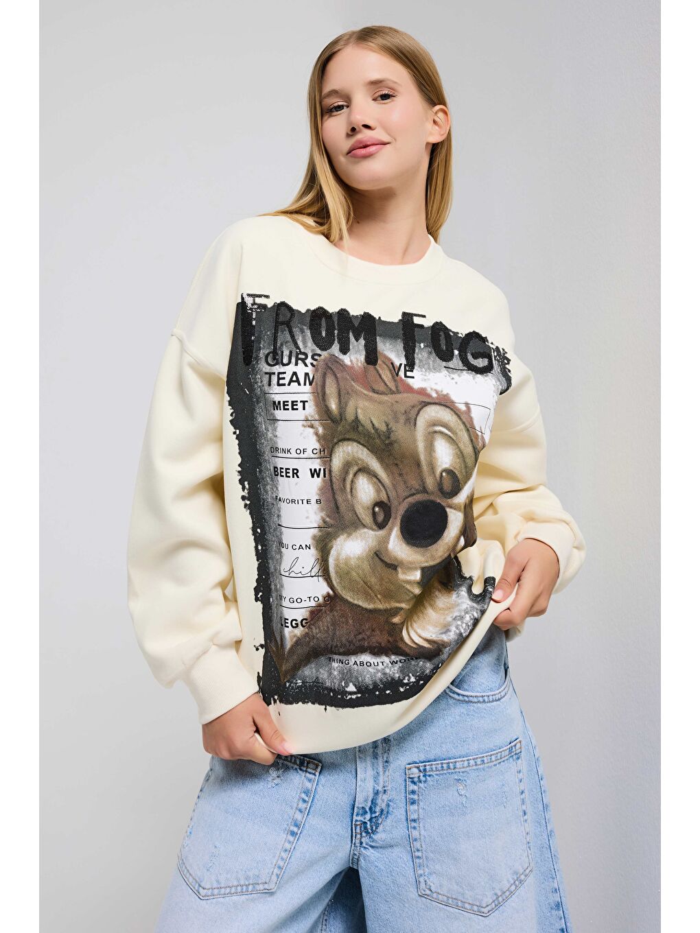 Kadın Ekru w5 Oversize Baskılı %100 Pamuk Organik Kumaş Sweatshirt-2