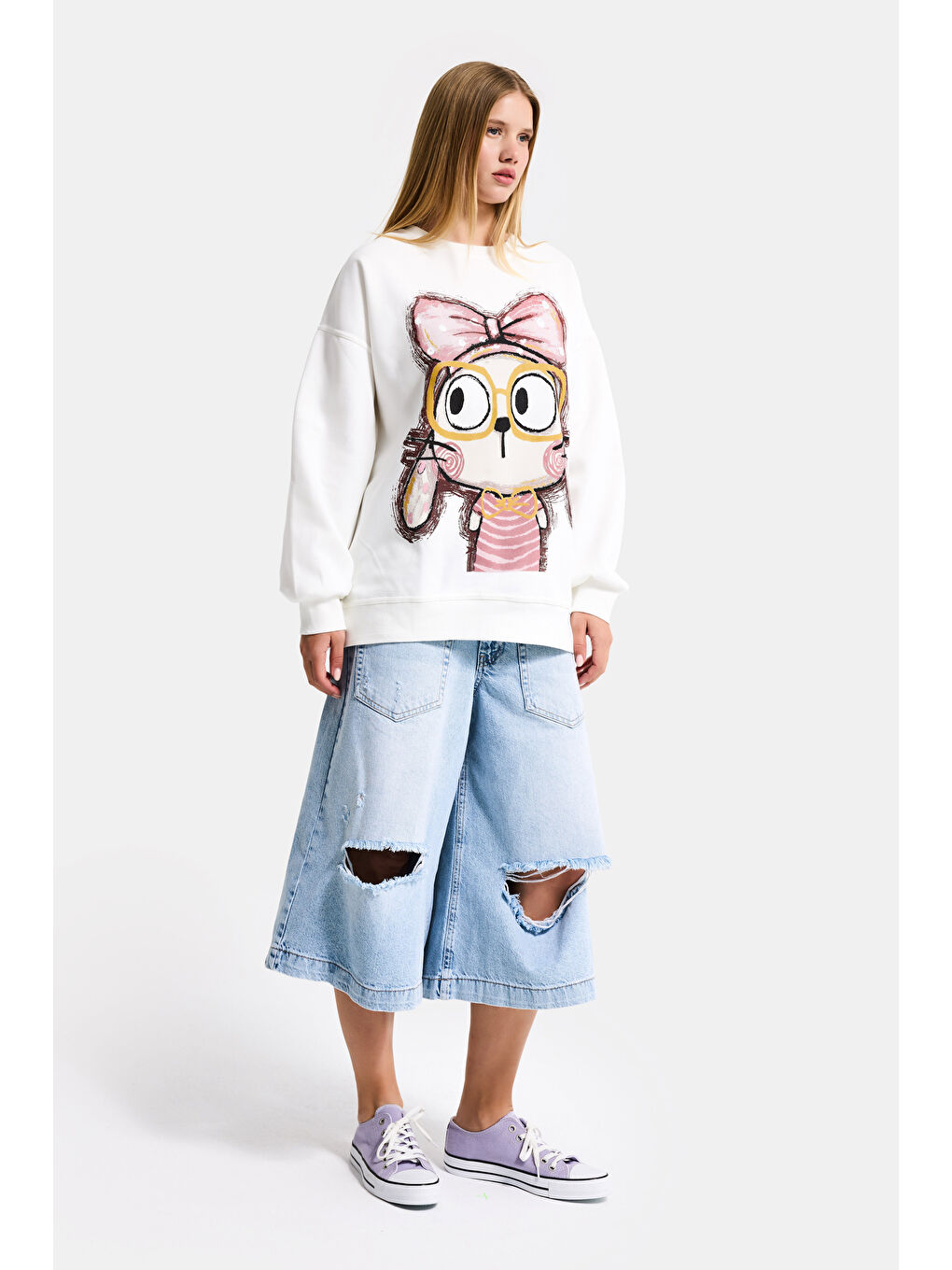 Kadın Beyaz w5 Oversize Baskılı %100 Pamuk Organik Kumaş Sweatshirt-2