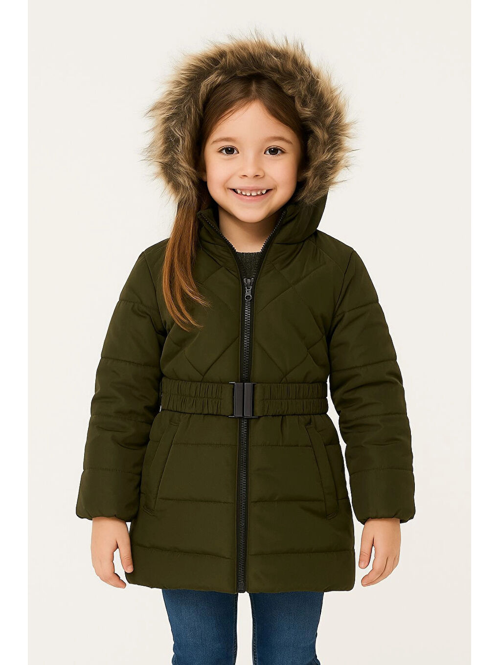 Haki Kapüşonlu Kışlık Kız Çocuk Mont 4232