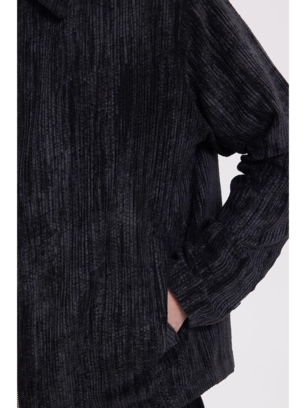 Erkek Relax Fit Rahat Kesim Fitilli Fermuarlı Astarlı Cepli Kolej Siyah Ceket Mont Gömlek-3