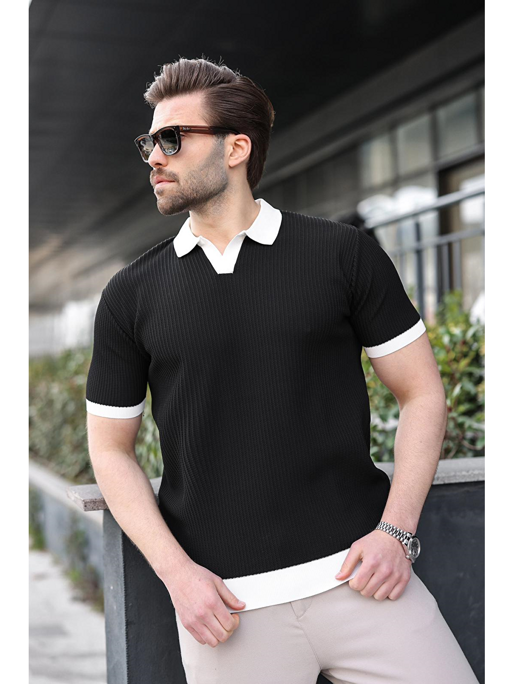 Siyah Polo Yaka Triko Erkek Tişört E7464-4