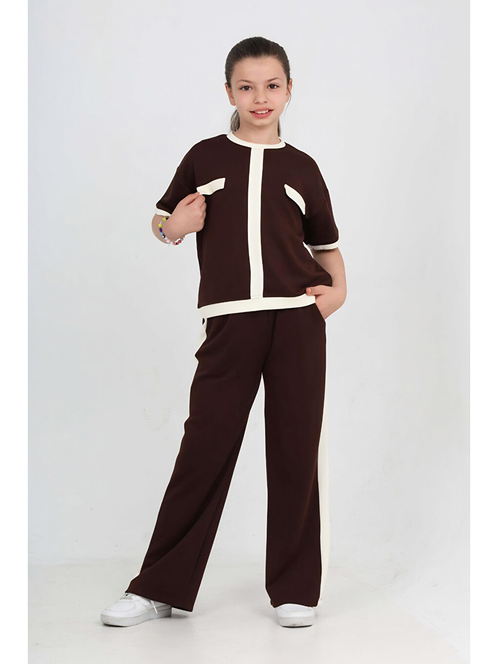 Kahverengi Kız Çocuk Double Face Kumaş Alt-Üst Takım 7-12 Yaş 12667BLT-1