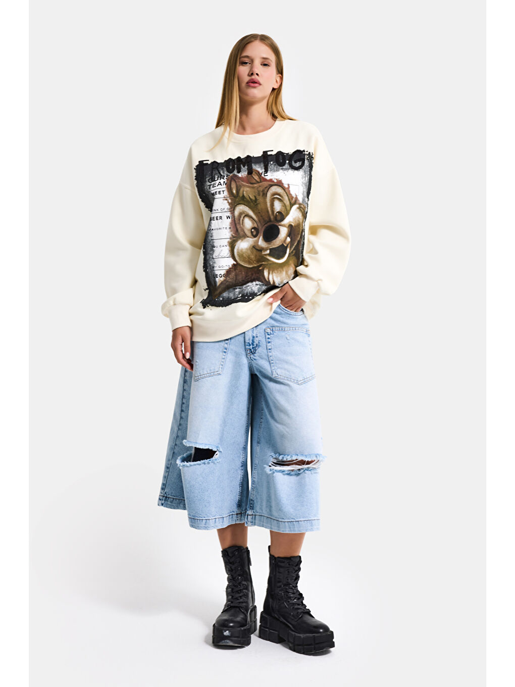 Kadın Ekru w5 Oversize Baskılı %100 Pamuk Organik Kumaş Sweatshirt-3