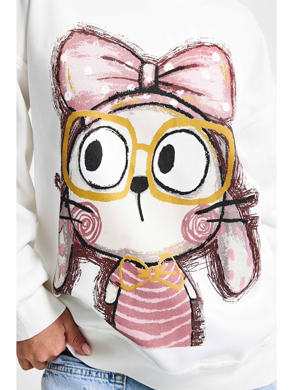 Kadın Beyaz w5 Oversize Baskılı %100 Pamuk Organik Kumaş Sweatshirt-3