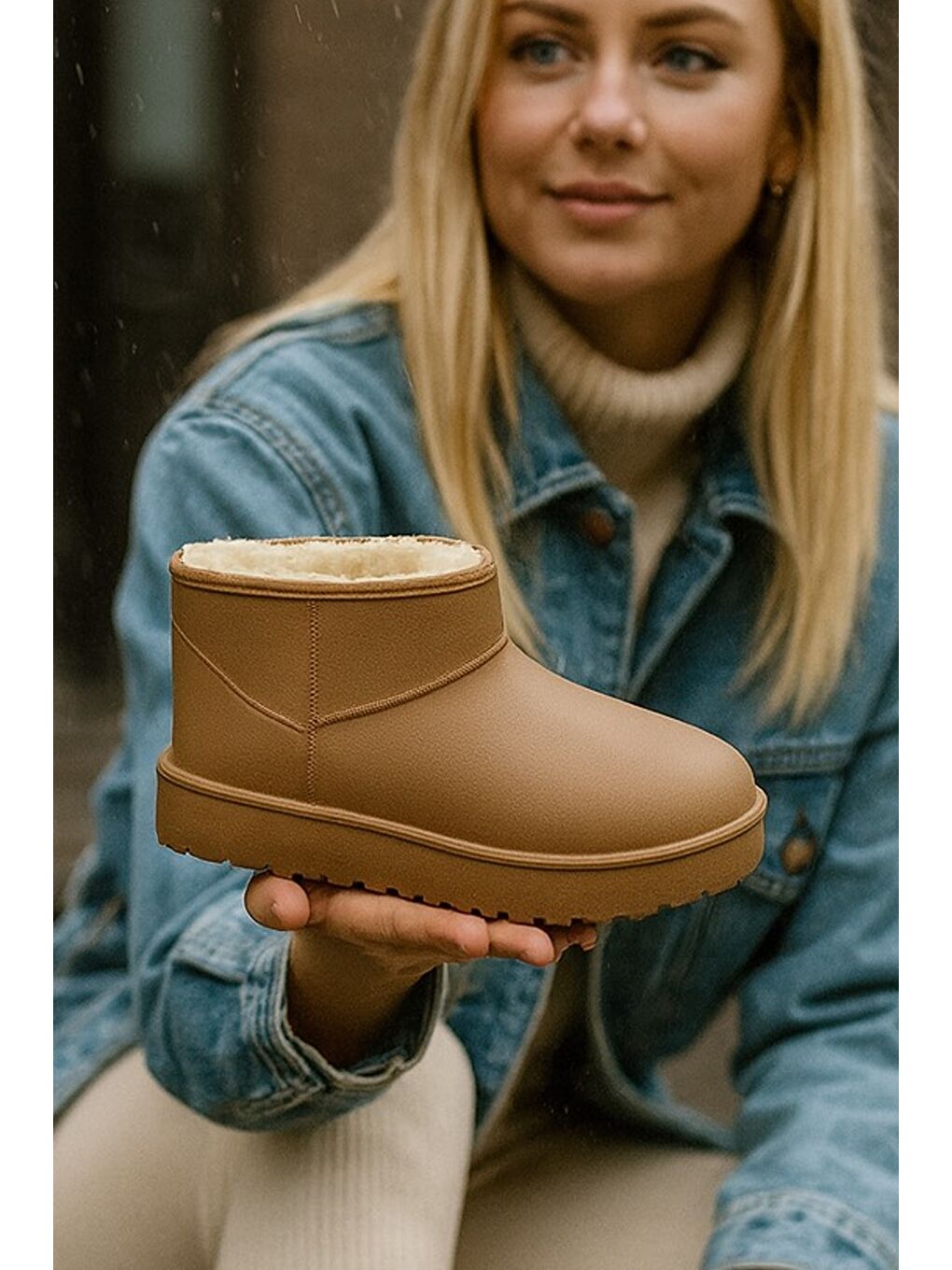 Kahverengi SOFTWARM Kadın Yünlü Yağmur Çizmesi Su Geçirmez Kar Botu Kısa Bot İçi Kürklü-1