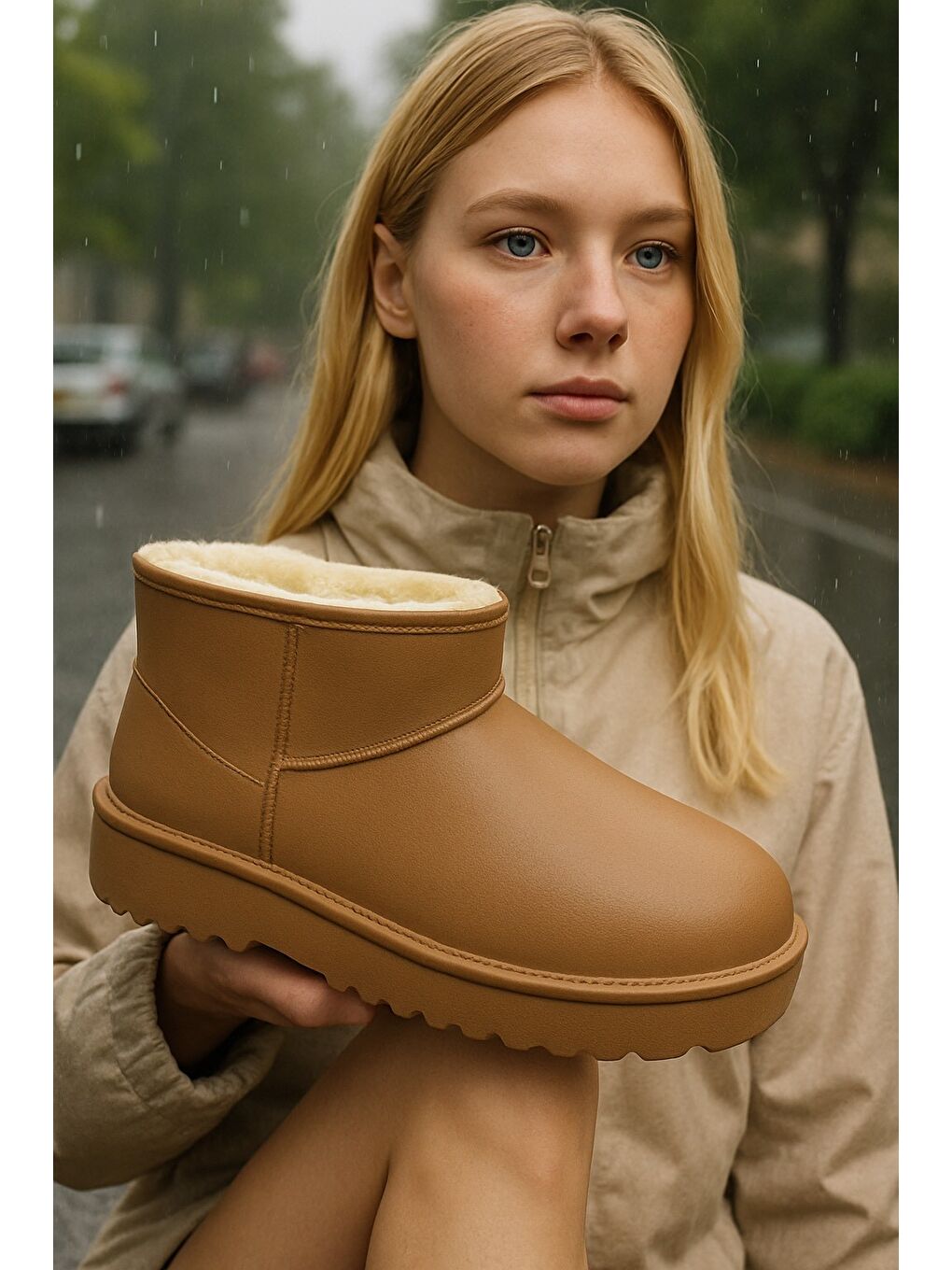 Kahverengi SOFTWARM Kadın Yünlü Yağmur Çizmesi Su Geçirmez Kar Botu Kısa Bot İçi Kürklü-2