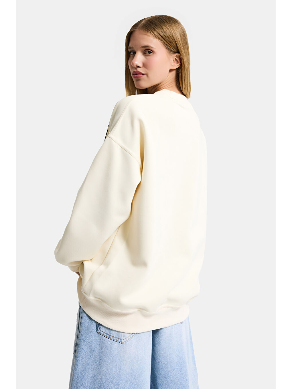 Kadın Ekru w5 Oversize Baskılı %100 Pamuk Organik Kumaş Sweatshirt-4