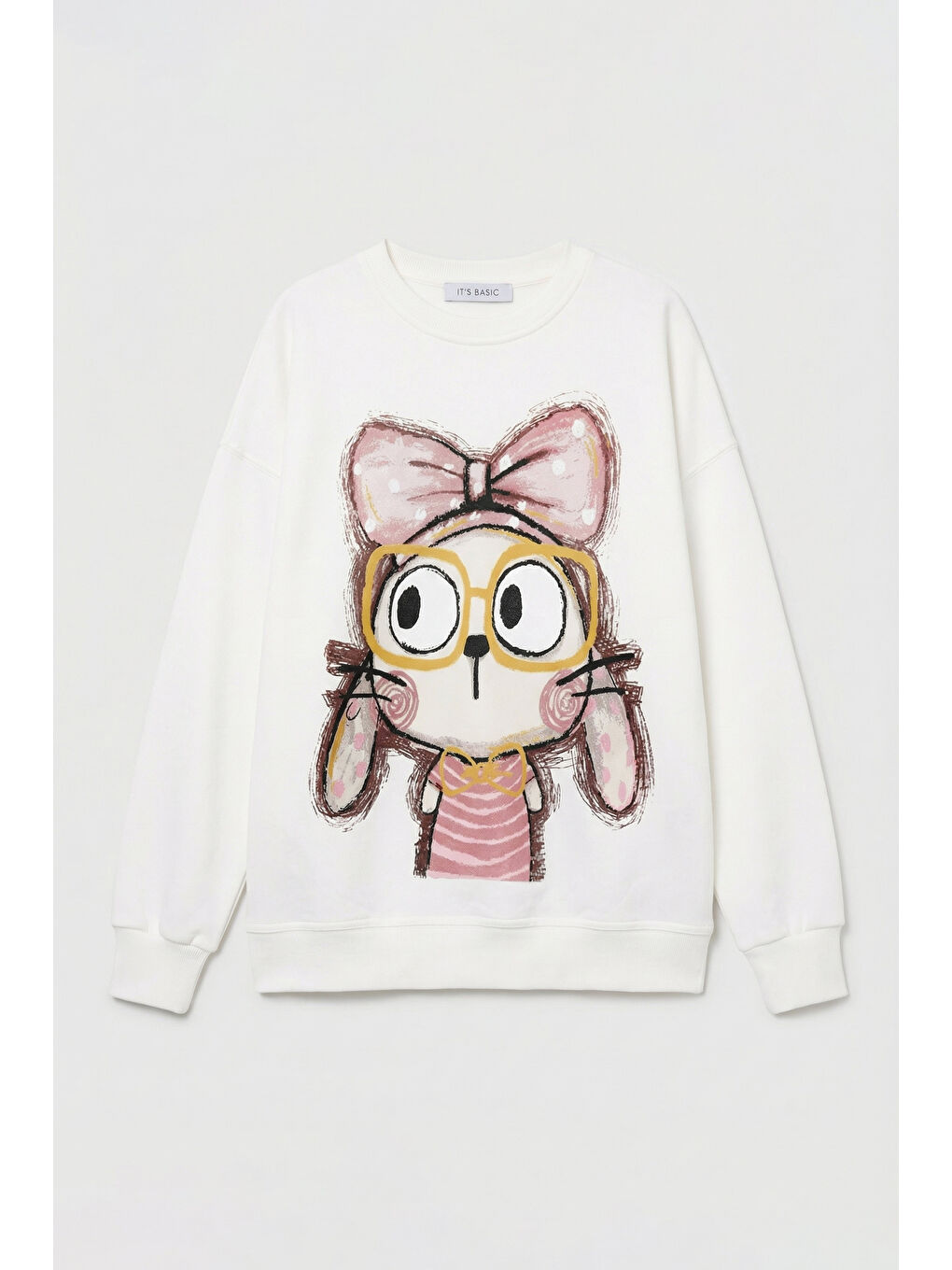 Kadın Beyaz w5 Oversize Baskılı %100 Pamuk Organik Kumaş Sweatshirt-4