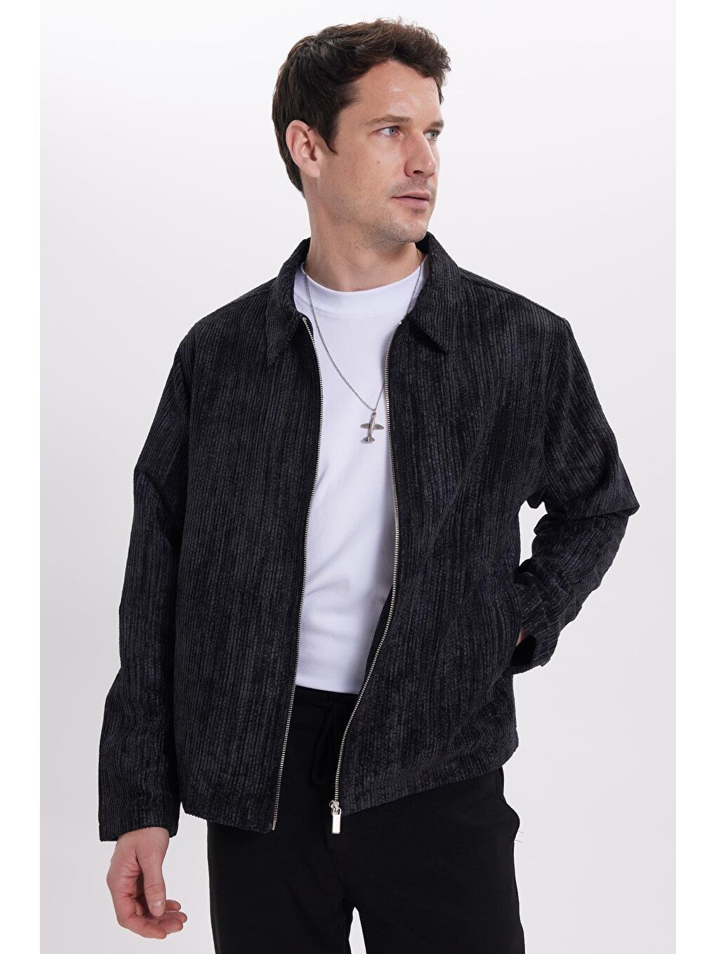 Erkek Relax Fit Rahat Kesim Fitilli Fermuarlı Astarlı Cepli Kolej Siyah Ceket Mont Gömlek-6