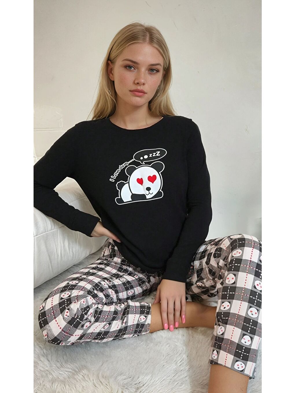 Siyah Panda Baskılı Uzun Kollu Pijama Takımı-1