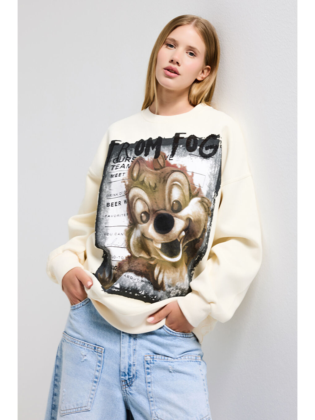 Kadın Ekru w5 Oversize Baskılı %100 Pamuk Organik Kumaş Sweatshirt-5