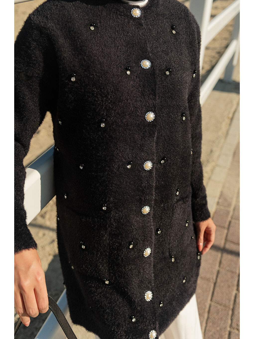 Kadın İnci Detay Triko Ceket Siyah-4