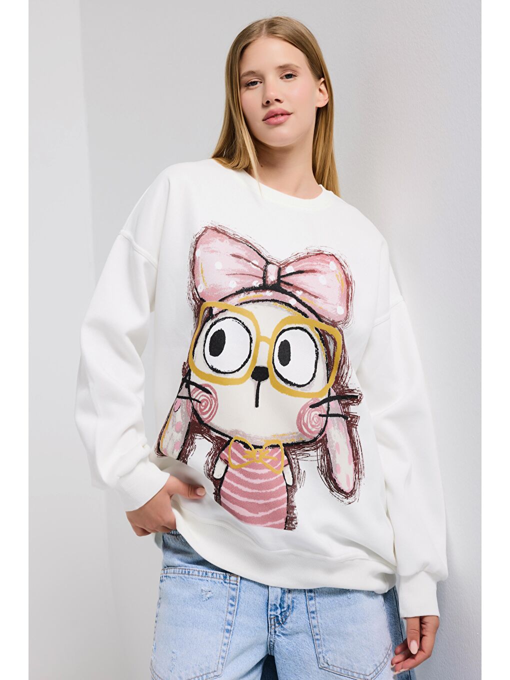 Kadın Beyaz w5 Oversize Baskılı %100 Pamuk Organik Kumaş Sweatshirt-5