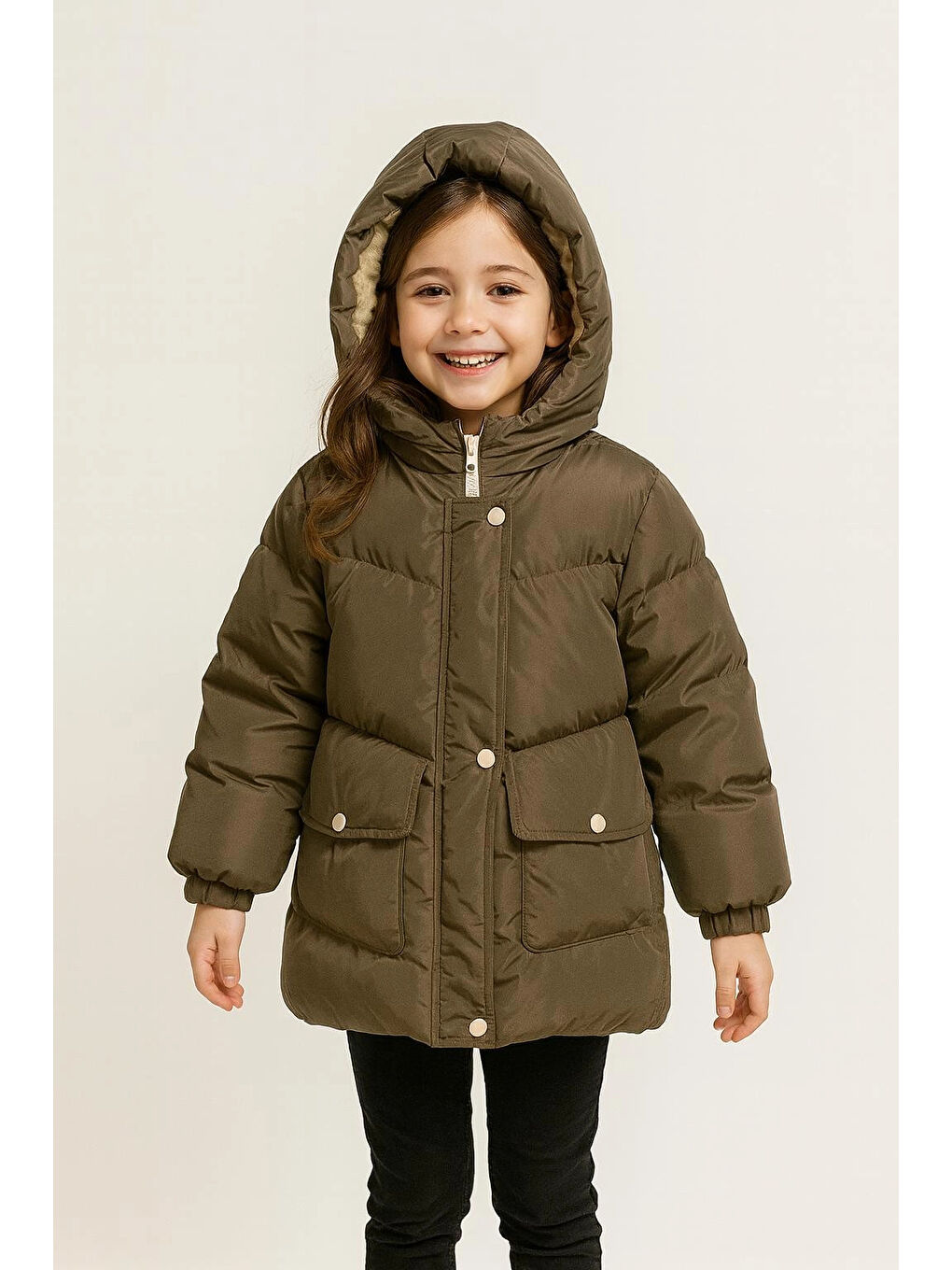 Bej Kapüşonlu Kışlık Kız Çocuk Mont 4241