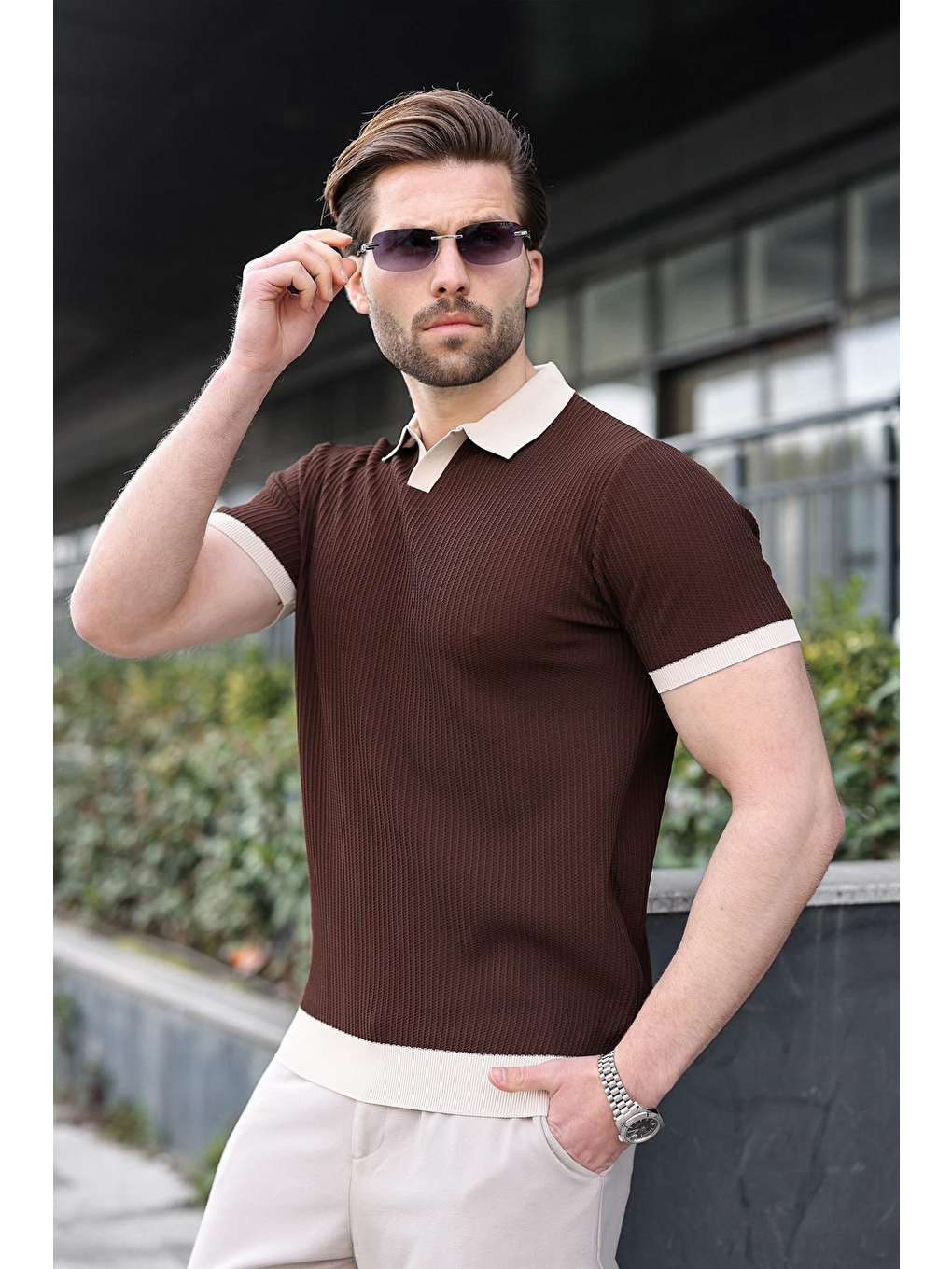Kahverengi Polo Yaka Triko Erkek Tişört E7464