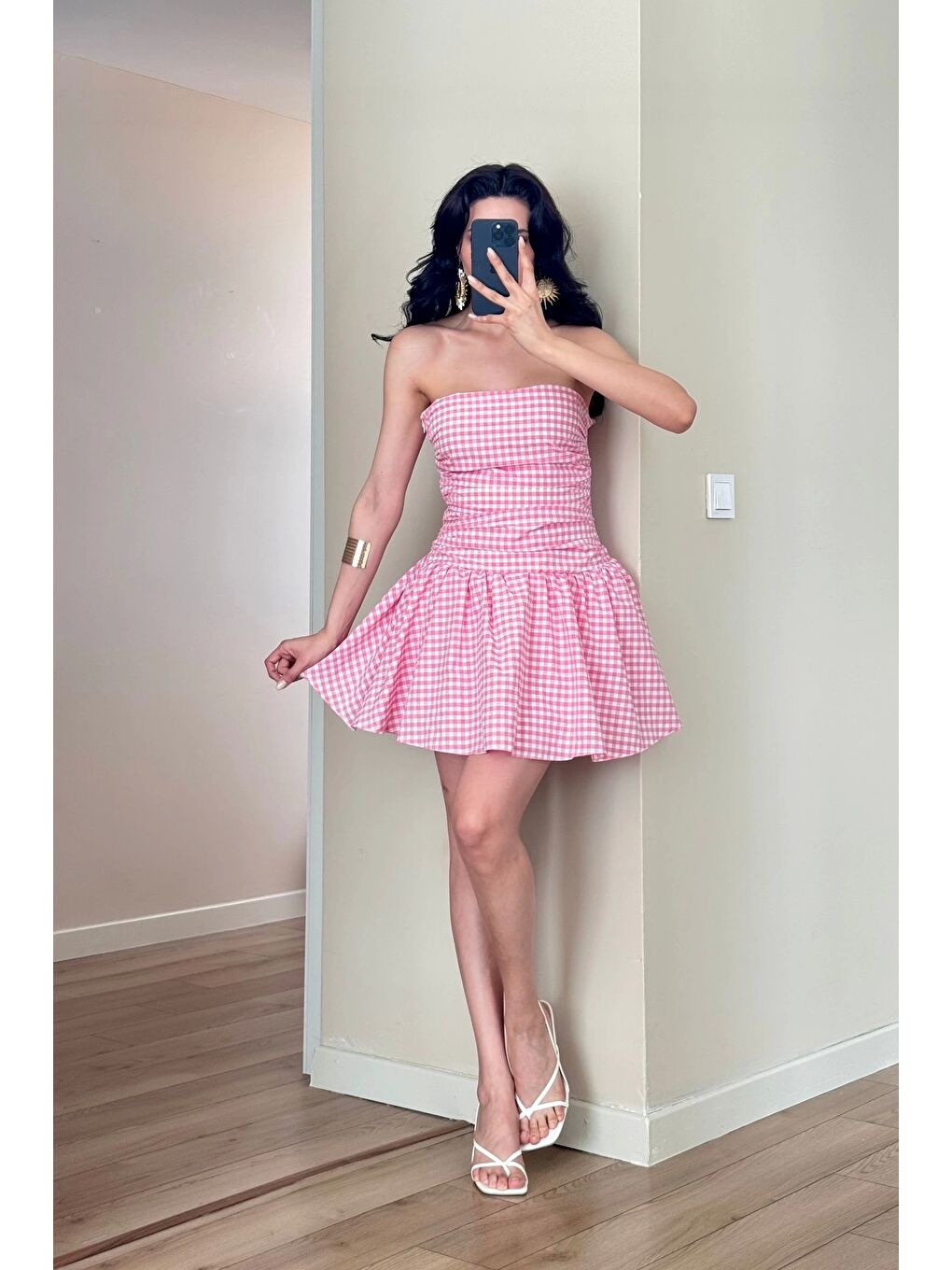 Kadın Pembe Pötikare Straplez Elbise 1041-6425-2