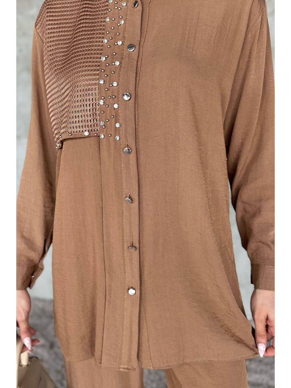 Bej Dantelli Taşlı Tesettür Tunik Pantolon İkili Takım-4